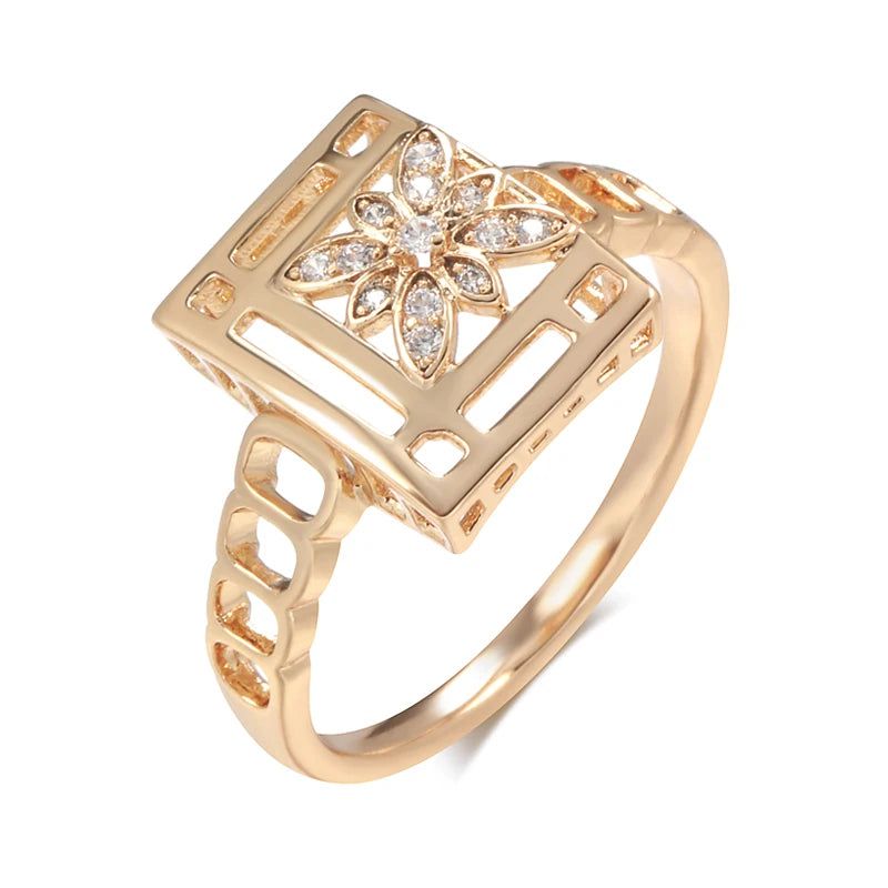 Vintage Elegance: Square Crystal Flower Ring in 585 Rose Gold with Natural Zircon