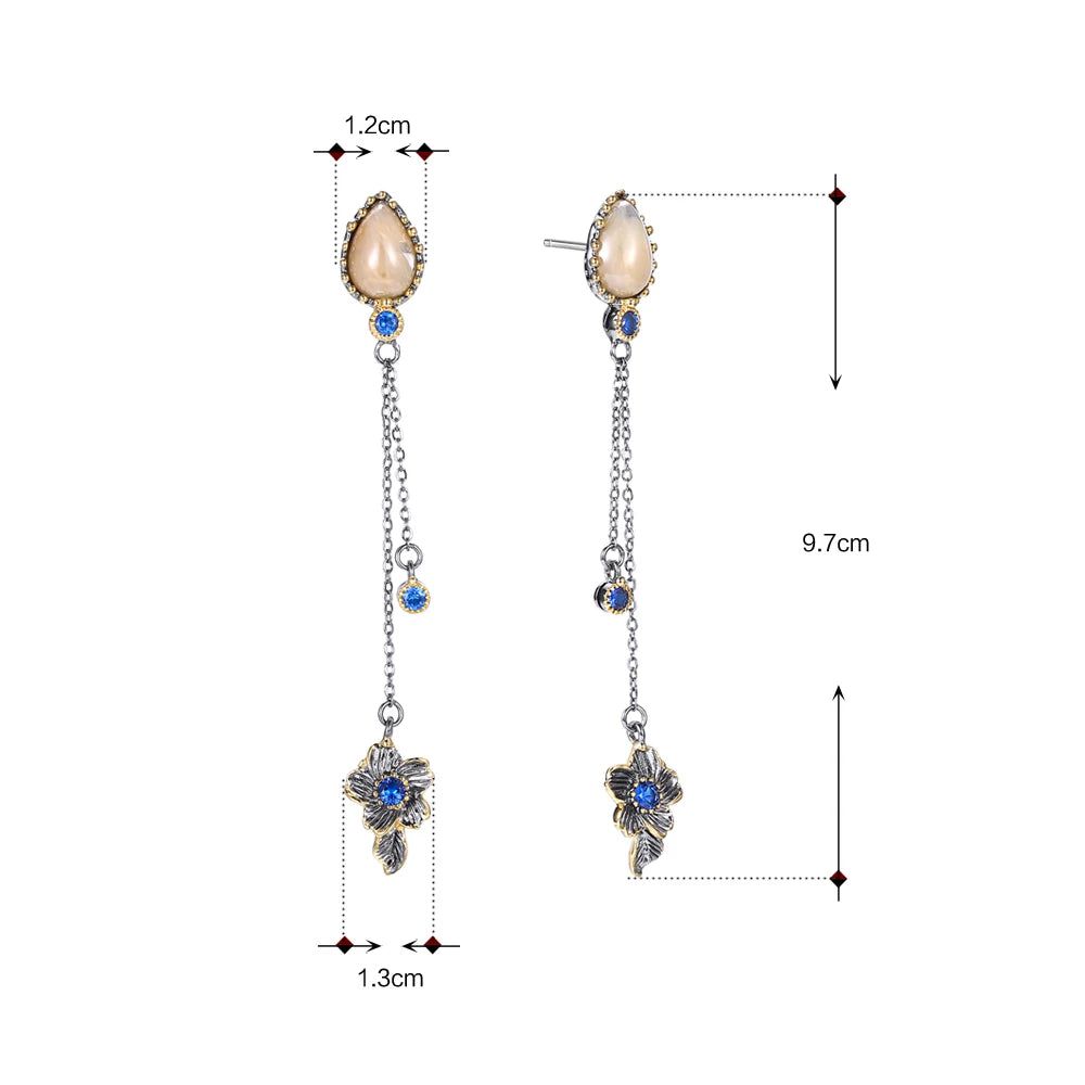 Vintage Elegance: Two-Tiered Tassel Dangle Earrings in Bone and Blue with CZ Accents