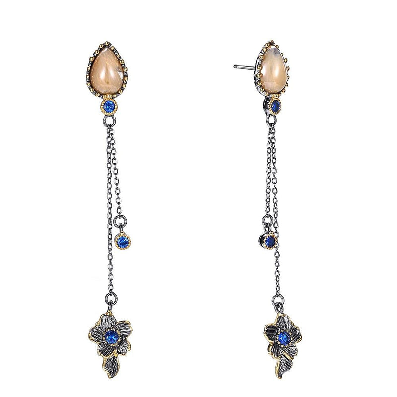 Vintage Elegance: Two-Tiered Tassel Dangle Earrings in Bone and Blue with CZ Accents