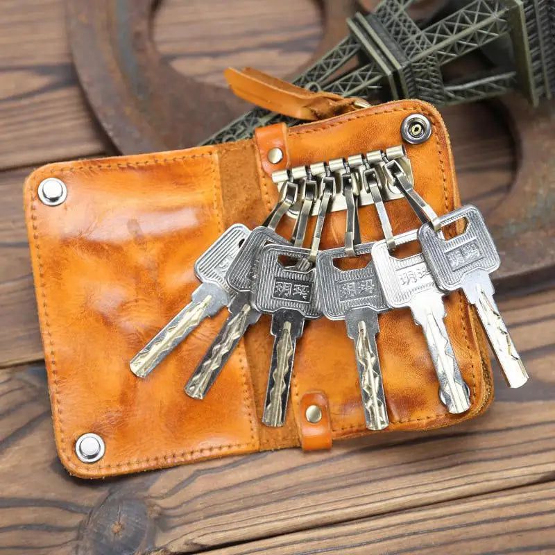 Vintage Genuine Leather Unisex Key Organizer - First Layer Cowhide Key Holder Wallet