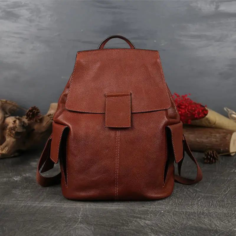 Vintage Genuine Leather Women's Backpack - Large Capacity Cowhide Travel Bag