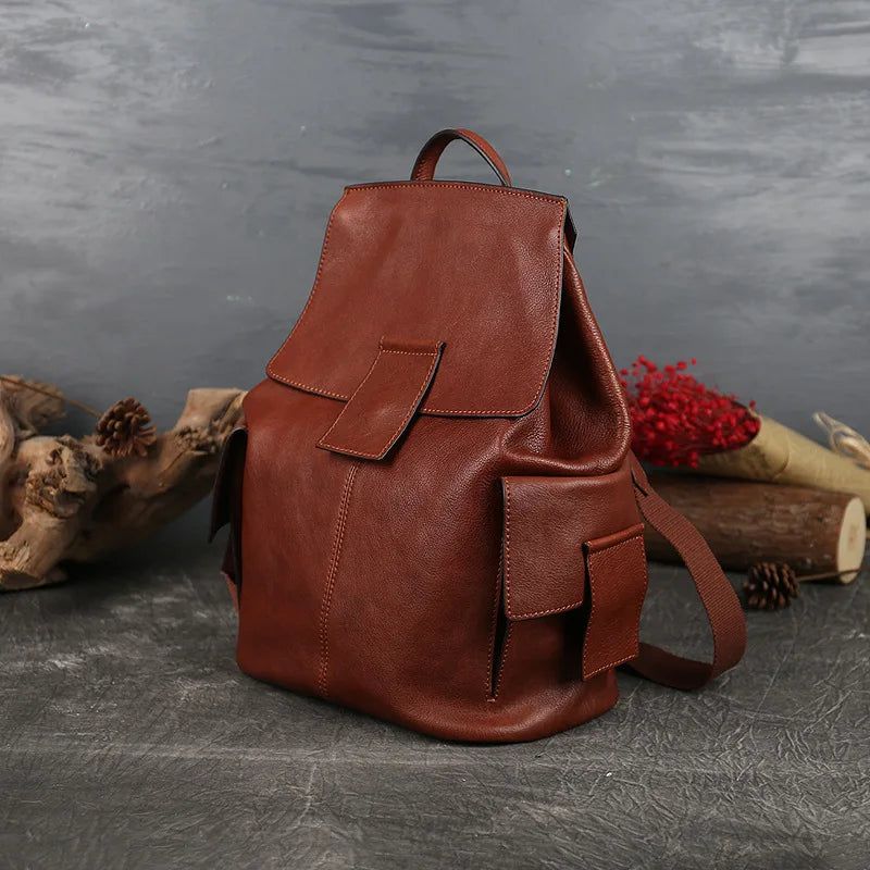 Vintage Genuine Leather Women's Backpack - Large Capacity Cowhide Travel Bag