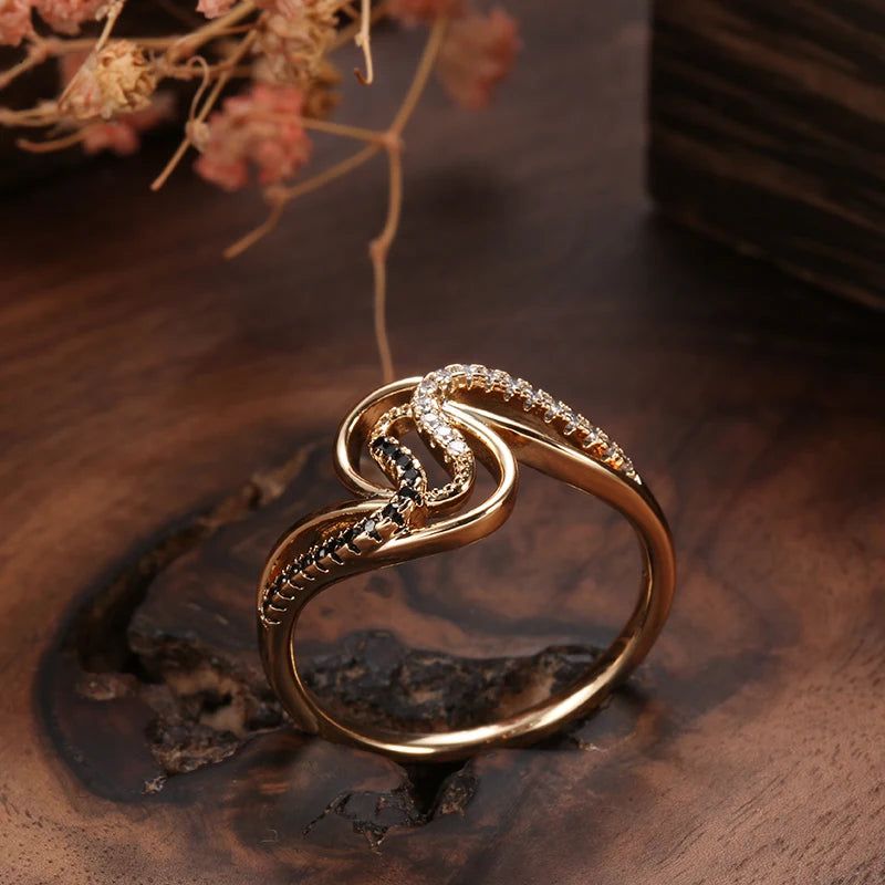 Vintage Geometric Natural Black Zircon Ring in 585 Rose Gold with Twine Hollow Design