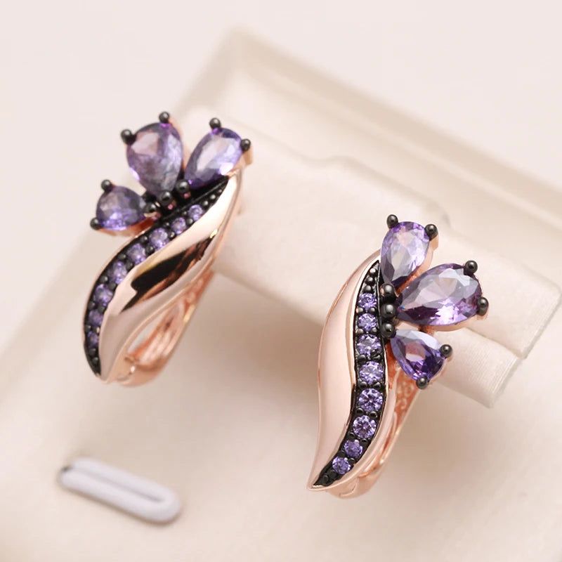 Vintage Glamour: Shiny Purple Natural Zircon Drop Earrings in 585 Rose Gold and Black Gold Plating