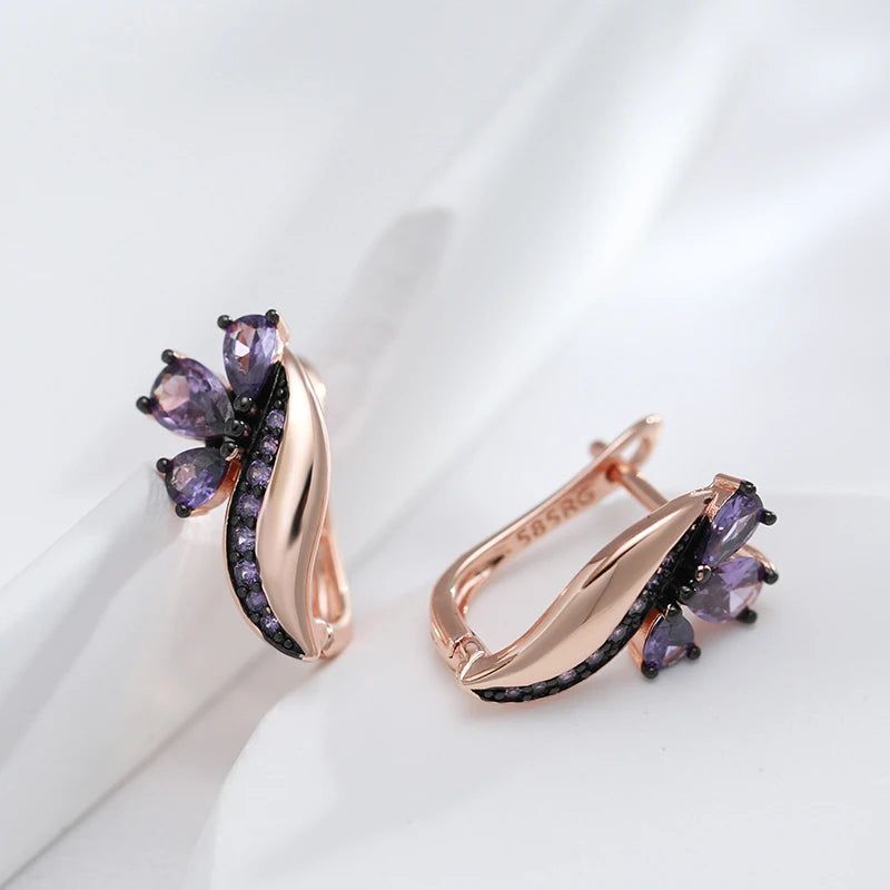 Vintage Glamour: Shiny Purple Natural Zircon Drop Earrings in 585 Rose Gold and Black Gold Plating