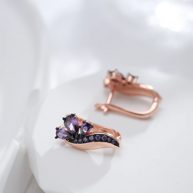 Vintage Glamour: Shiny Purple Natural Zircon Drop Earrings in 585 Rose Gold and Black Gold Plating