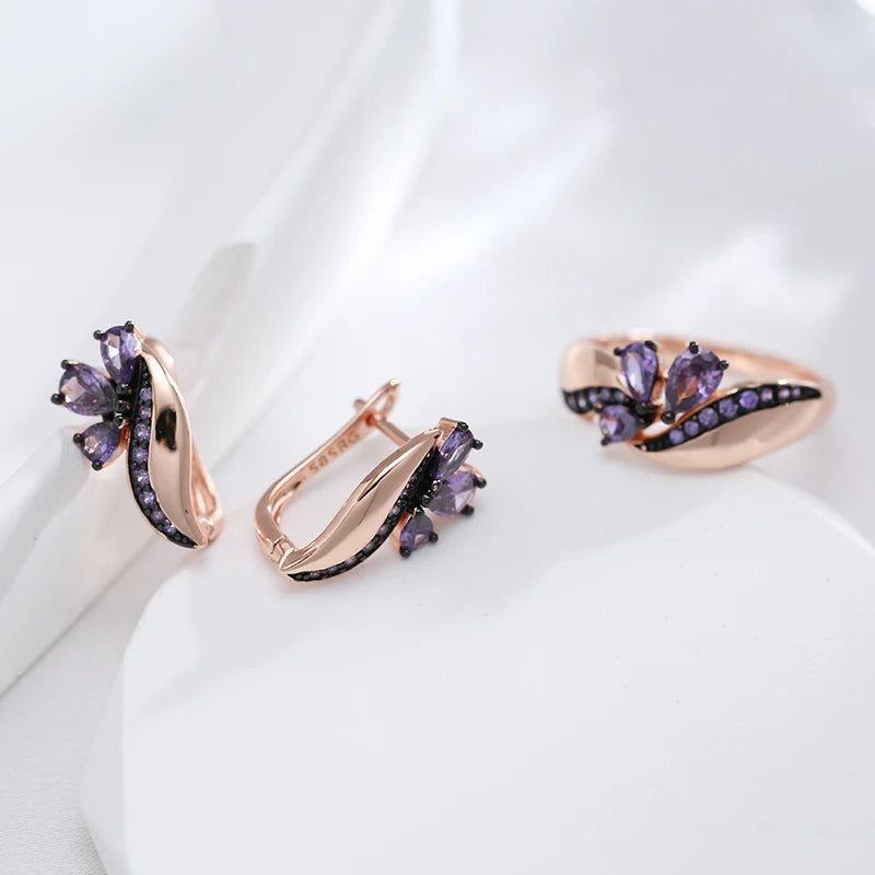 Vintage Glamour: Shiny Purple Natural Zircon Drop Earrings in 585 Rose Gold and Black Gold Plating