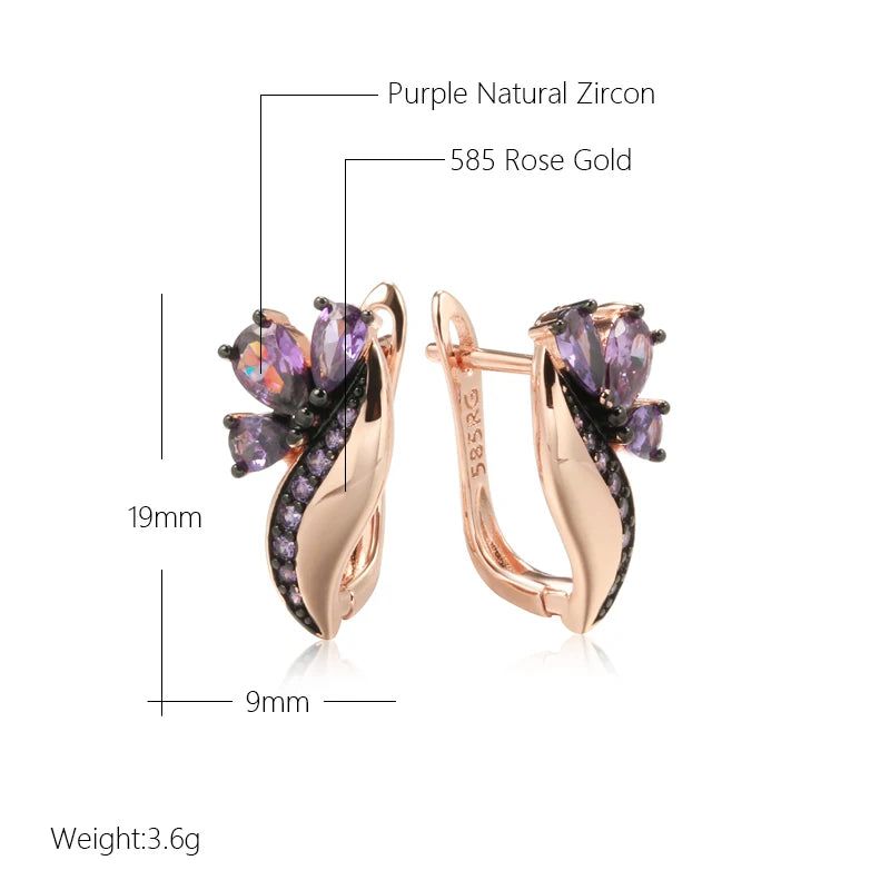 Vintage Glamour: Shiny Purple Natural Zircon Drop Earrings in 585 Rose Gold and Black Gold Plating