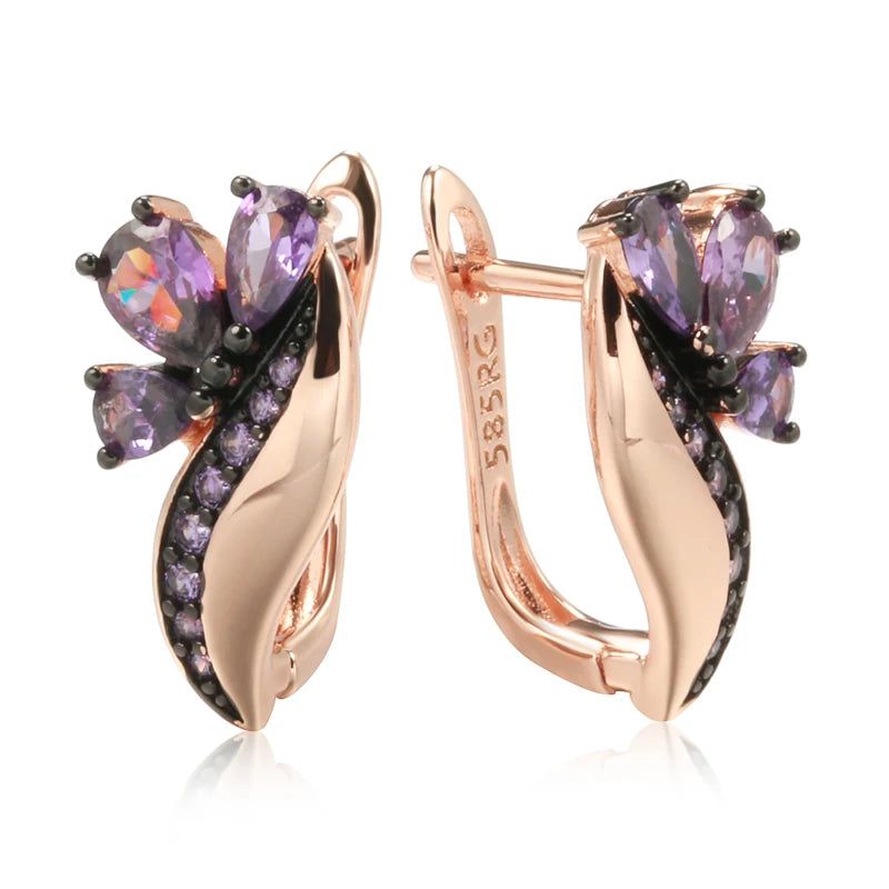 Vintage Glamour: Shiny Purple Natural Zircon Drop Earrings in 585 Rose Gold and Black Gold Plating