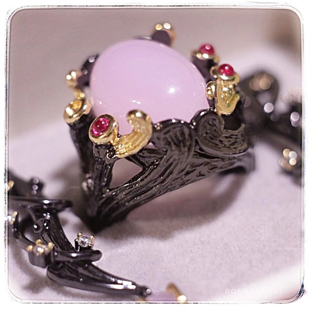 Vintage Gothic Black Gold Ring with Fuchsia Pink Oval Zirconia