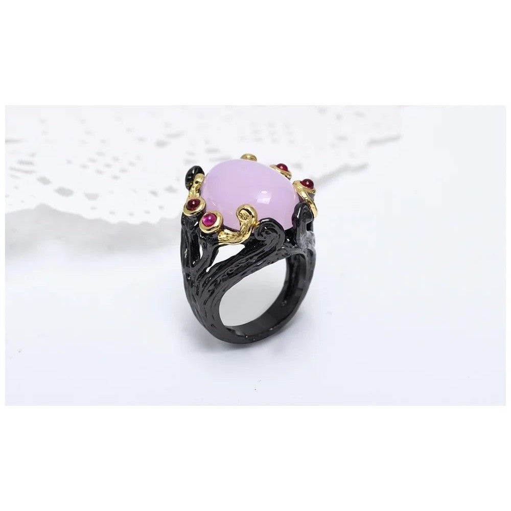 Vintage Gothic Black Gold Ring with Fuchsia Pink Oval Zirconia