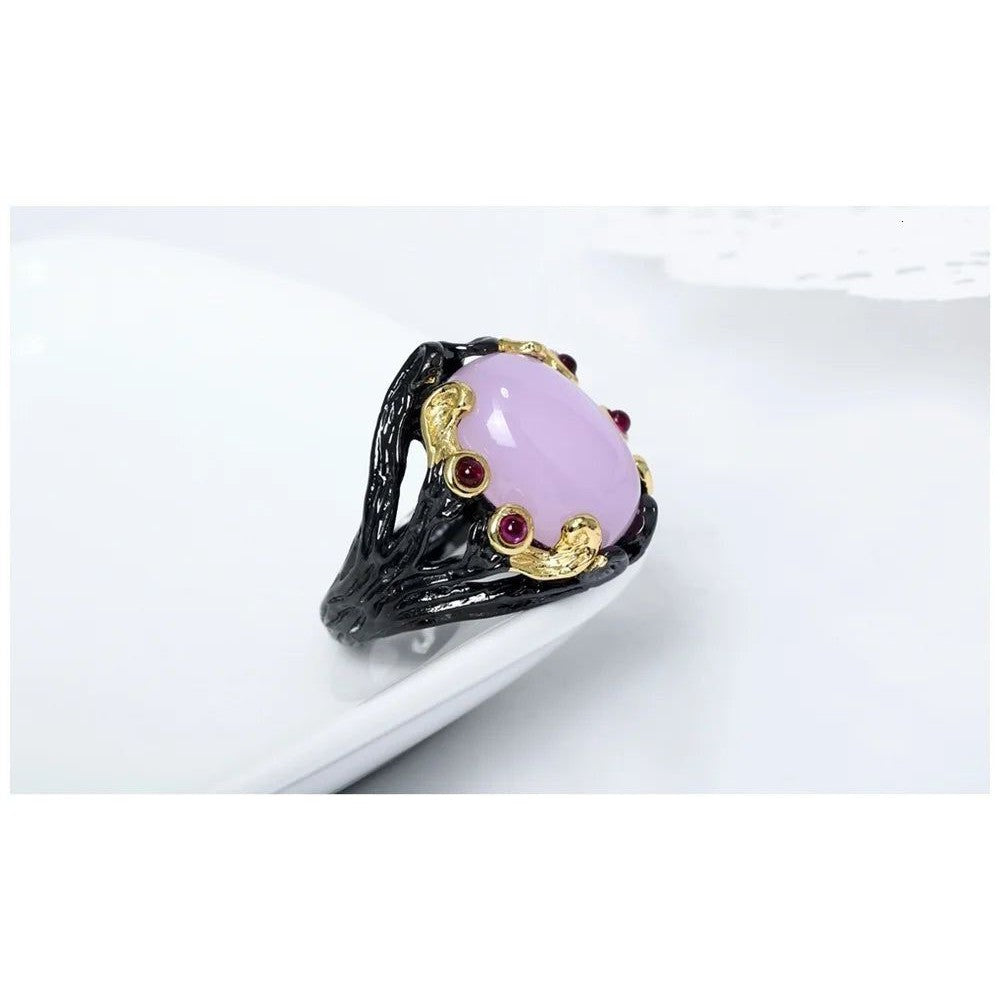 Vintage Gothic Black Gold Ring with Fuchsia Pink Oval Zirconia