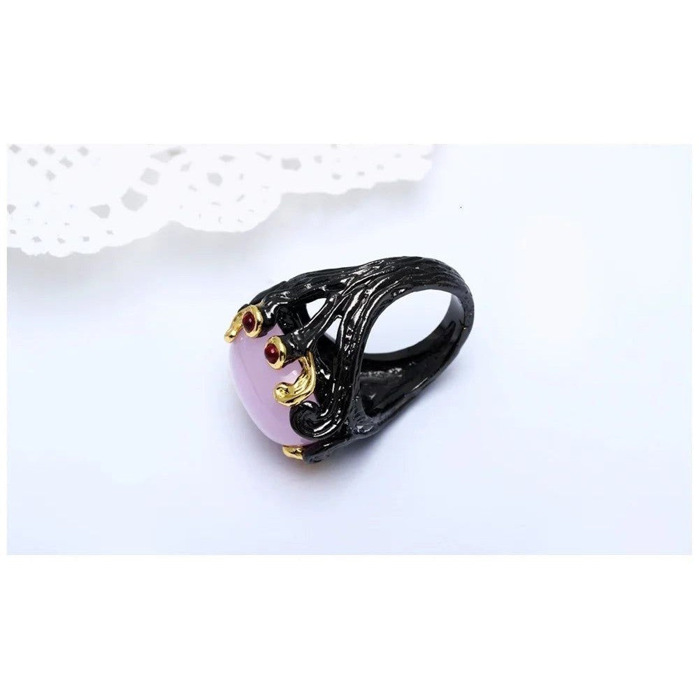 Vintage Gothic Black Gold Ring with Fuchsia Pink Oval Zirconia