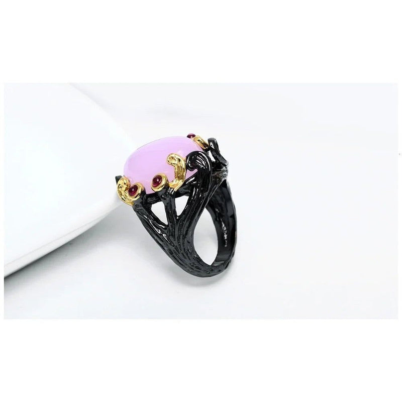 Vintage Gothic Black Gold Ring with Fuchsia Pink Oval Zirconia