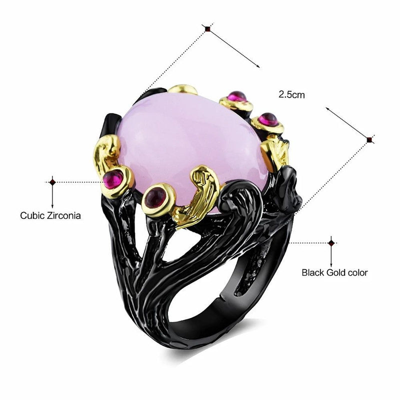 Vintage Gothic Black Gold Ring with Fuchsia Pink Oval Zirconia