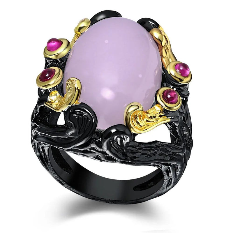 Vintage Gothic Black Gold Ring with Fuchsia Pink Oval Zirconia