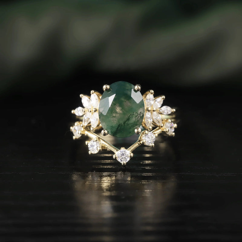 Vintage Green Moss Agate Art Deco Cluster Ring Unique Curved Band Ring Set 925 Sterling Silver