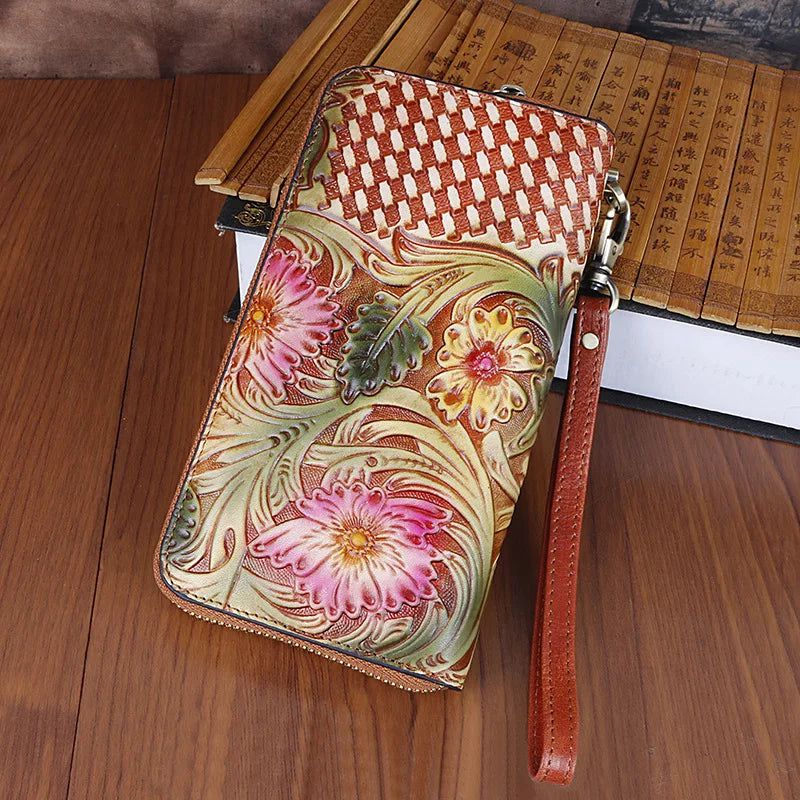 Vintage Handcrafted Genuine Leather Women's Clutch Wallet - Retro Cowhide Card Holder and Phone Purse