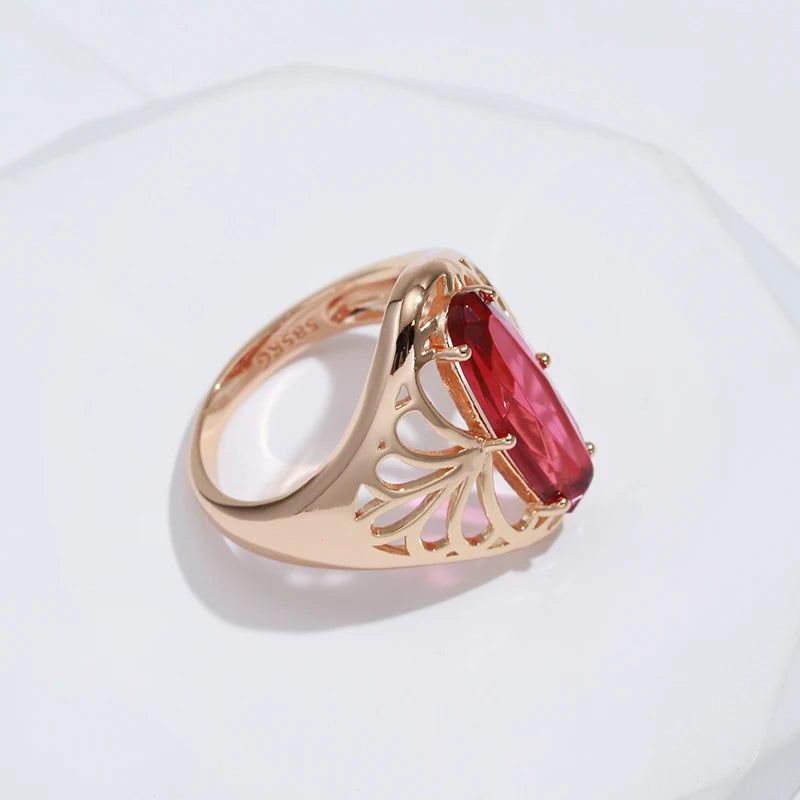 Vintage Hollow Flower Design Oval Red Natural Zircon Cocktail Ring in 585 Rose Gold