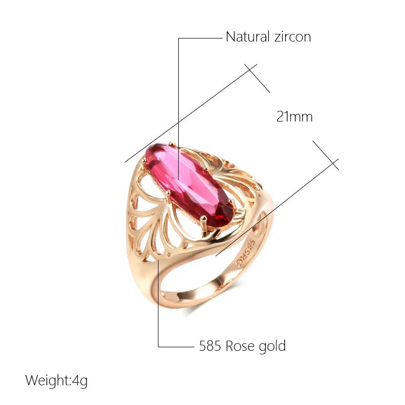 Vintage Hollow Flower Design Oval Red Natural Zircon Cocktail Ring in 585 Rose Gold