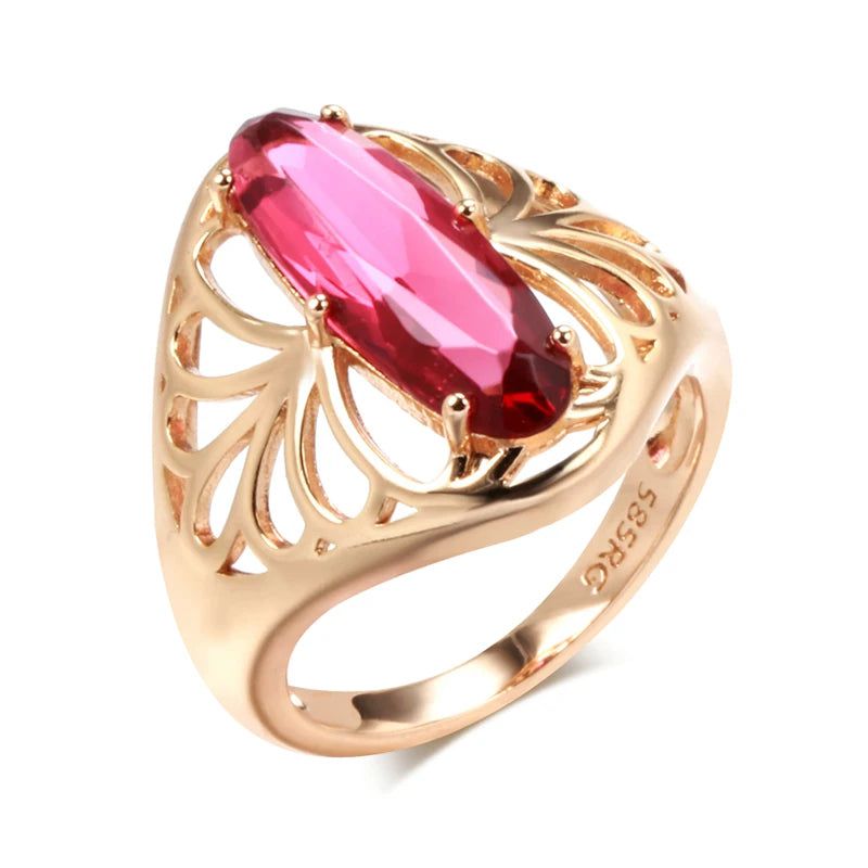 Vintage Hollow Flower Design Oval Red Natural Zircon Cocktail Ring in 585 Rose Gold