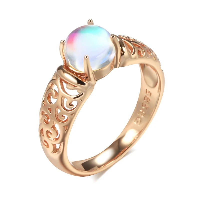 Vintage Hollow Flower Moonstone Ring in 585 Rose Gold - Elegant Bridal Jewelry