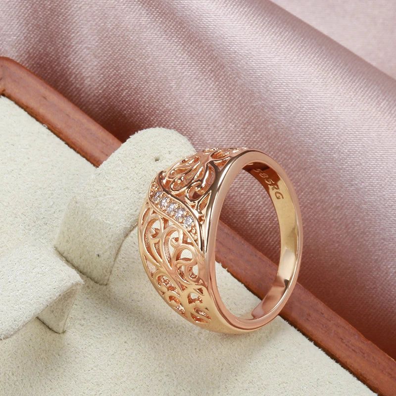 Vintage Hollow Flower Ring in 585 Rose Gold with Natural Zircon and Micro Wax Inlay