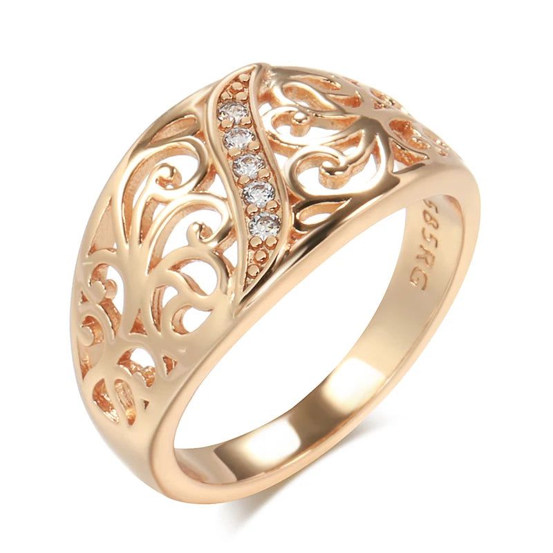 Vintage Hollow Flower Ring in 585 Rose Gold with Natural Zircon and Micro Wax Inlay