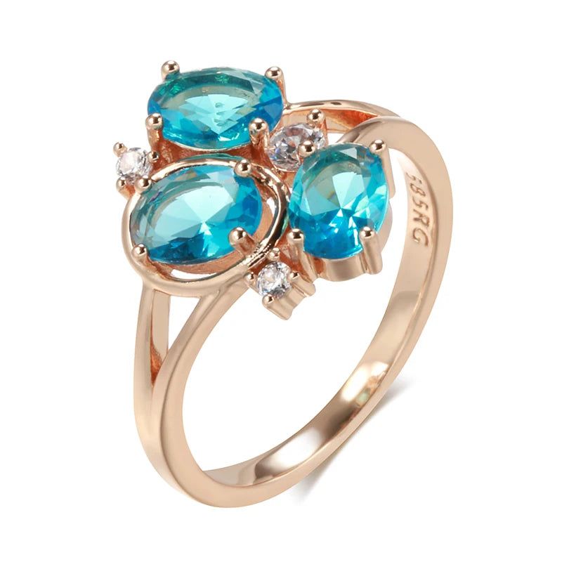 Vintage Hollow Geometry Flower Blue Zircon Cocktail Ring in 585 Rose Gold