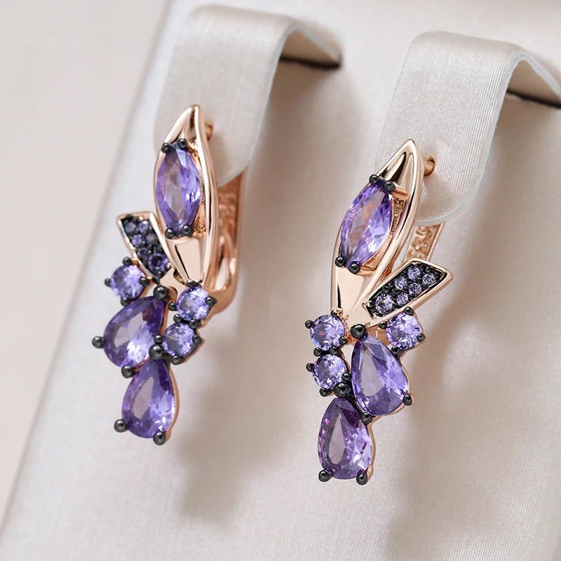 Vintage Hot Purple Zircon Flower Earrings in 585 Rose Gold with Black Plating