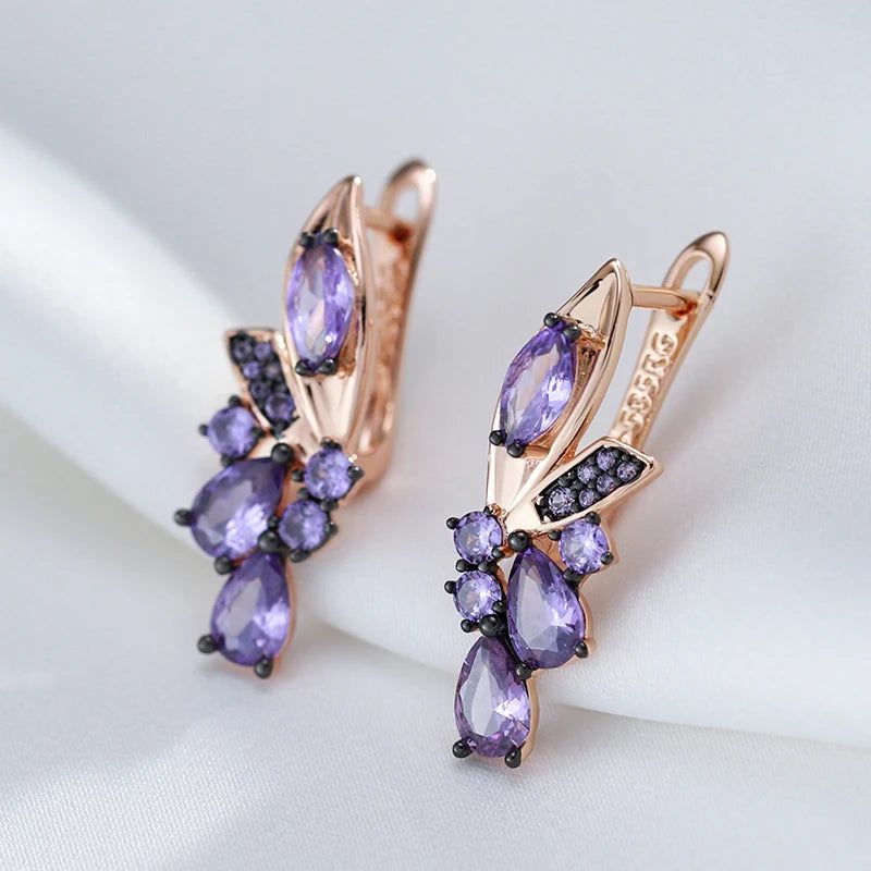 Vintage Hot Purple Zircon Flower Earrings in 585 Rose Gold with Black Plating