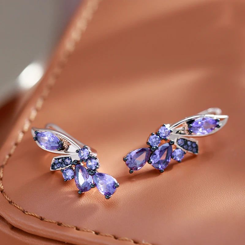 Vintage Hot Purple Zircon Flower Earrings in 585 Rose Gold with Black Plating