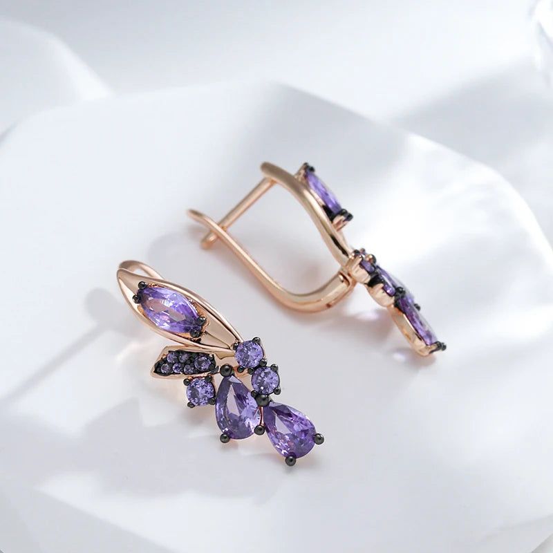 Vintage Hot Purple Zircon Flower Earrings in 585 Rose Gold with Black Plating