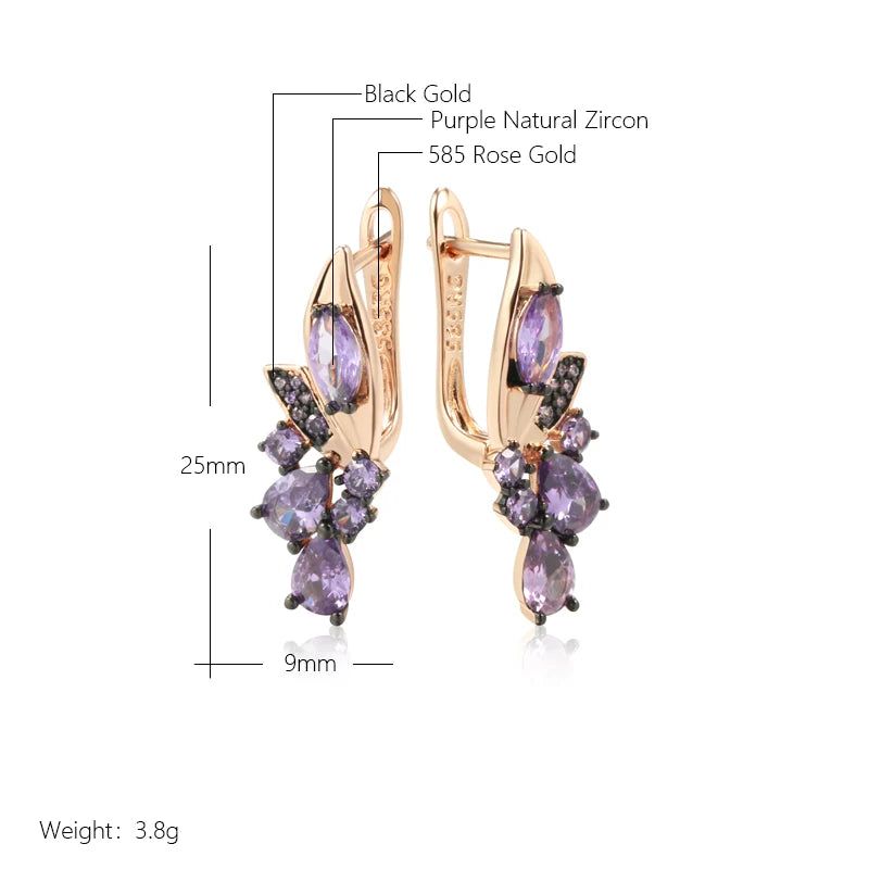 Vintage Hot Purple Zircon Flower Earrings in 585 Rose Gold with Black Plating