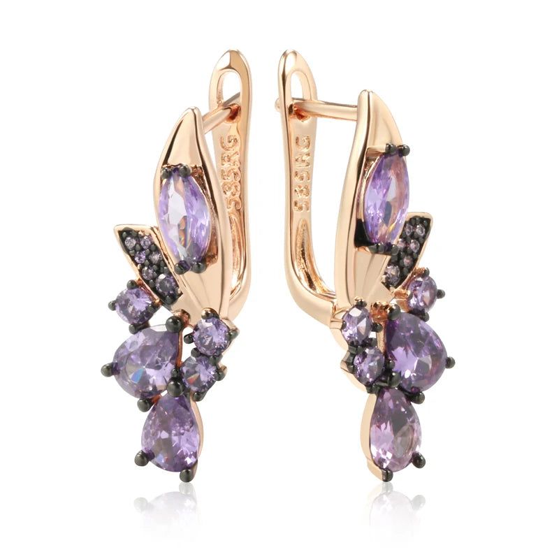 Vintage Hot Purple Zircon Flower Earrings in 585 Rose Gold with Black Plating