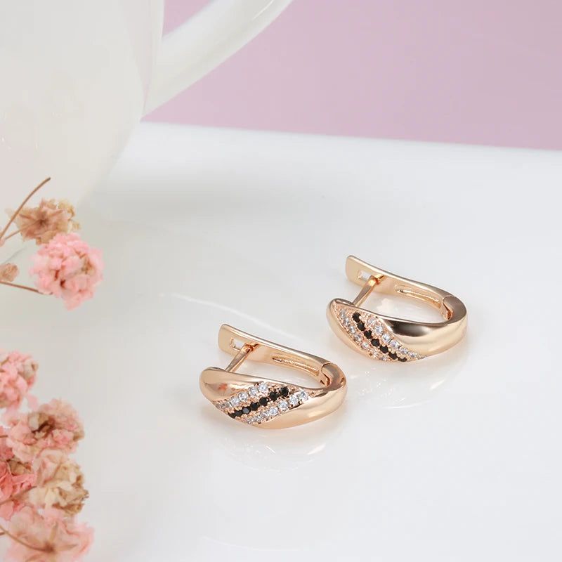 Vintage-Inspired 585 Rose Gold Drop Earrings with Natural Black Zircon and Crystal Accents