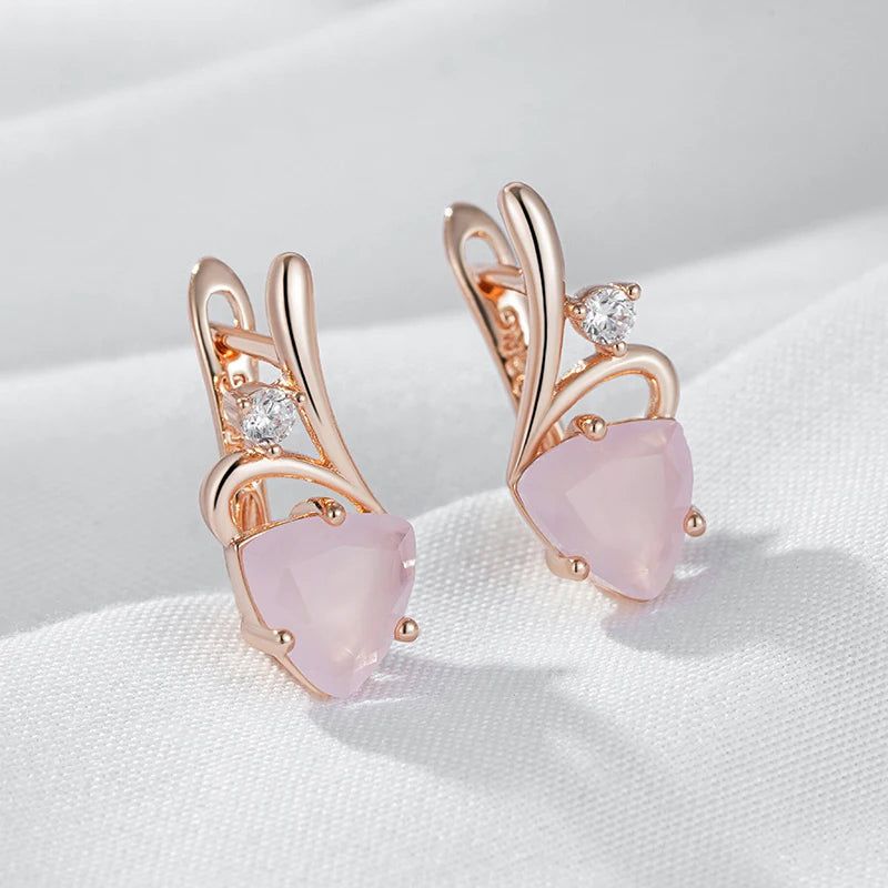 Vintage-Inspired 585 Rose Gold Drop Earrings with Unique Pink Natural Zircon