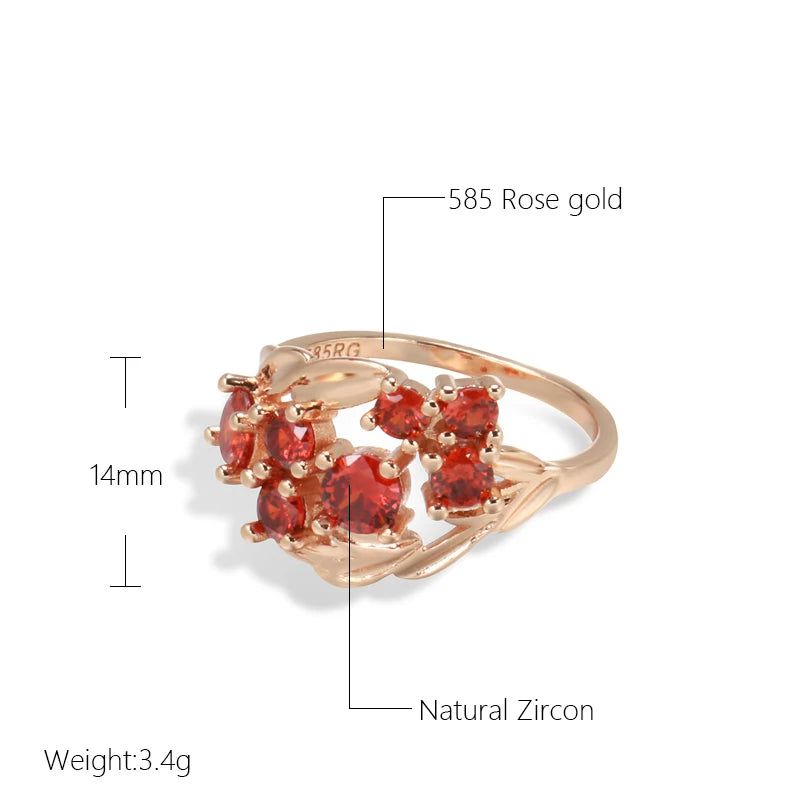 Vintage-Inspired 585 Rose Gold Flower Ring with Red Natural Zircon and Crystal Accents