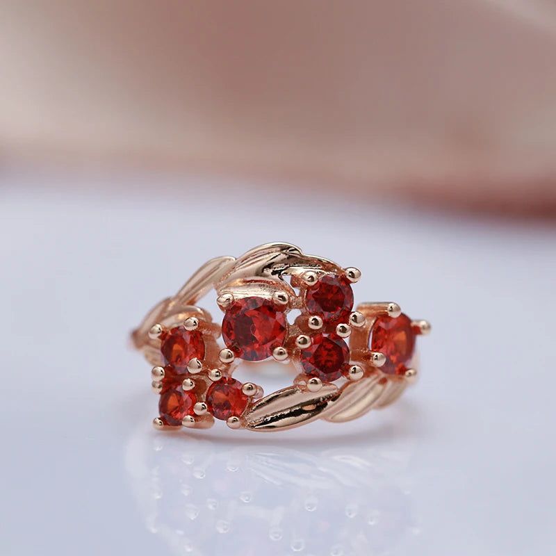 Vintage-Inspired 585 Rose Gold Flower Ring with Red Natural Zircon and Crystal Accents