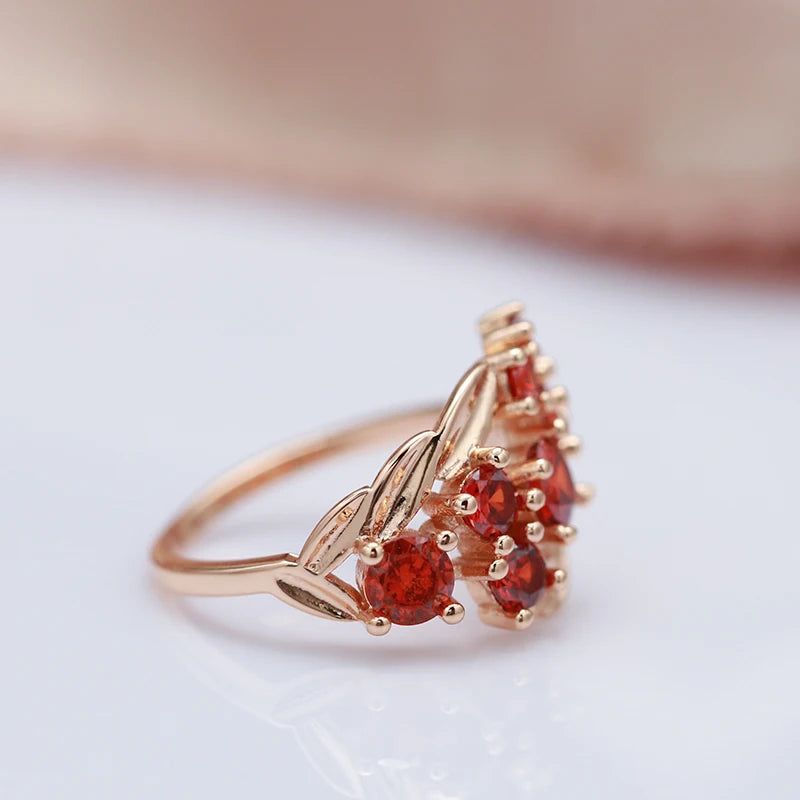 Vintage-Inspired 585 Rose Gold Flower Ring with Red Natural Zircon and Crystal Accents