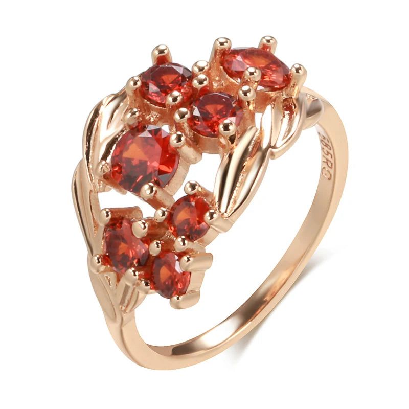 Vintage-Inspired 585 Rose Gold Flower Ring with Red Natural Zircon and Crystal Accents