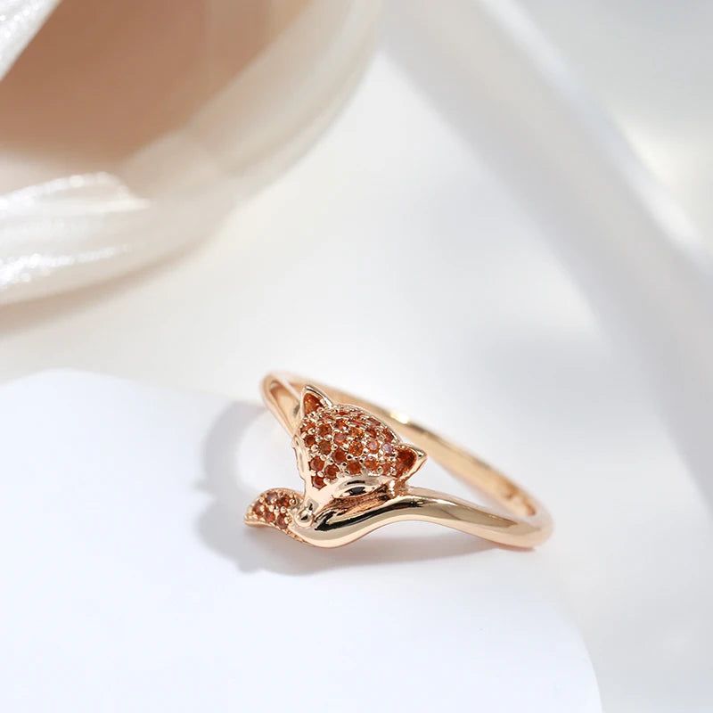 Vintage-Inspired 585 Rose Gold Fox Ring with Red Natural Zircon - High-Quality Animal Jewelry