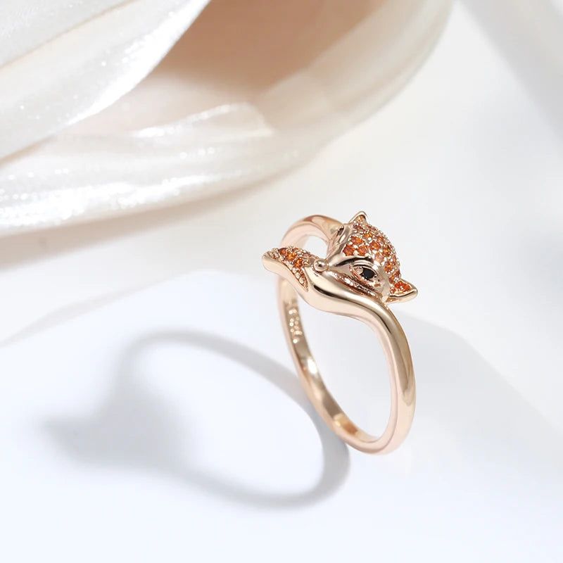 Vintage-Inspired 585 Rose Gold Fox Ring with Red Natural Zircon - High-Quality Animal Jewelry