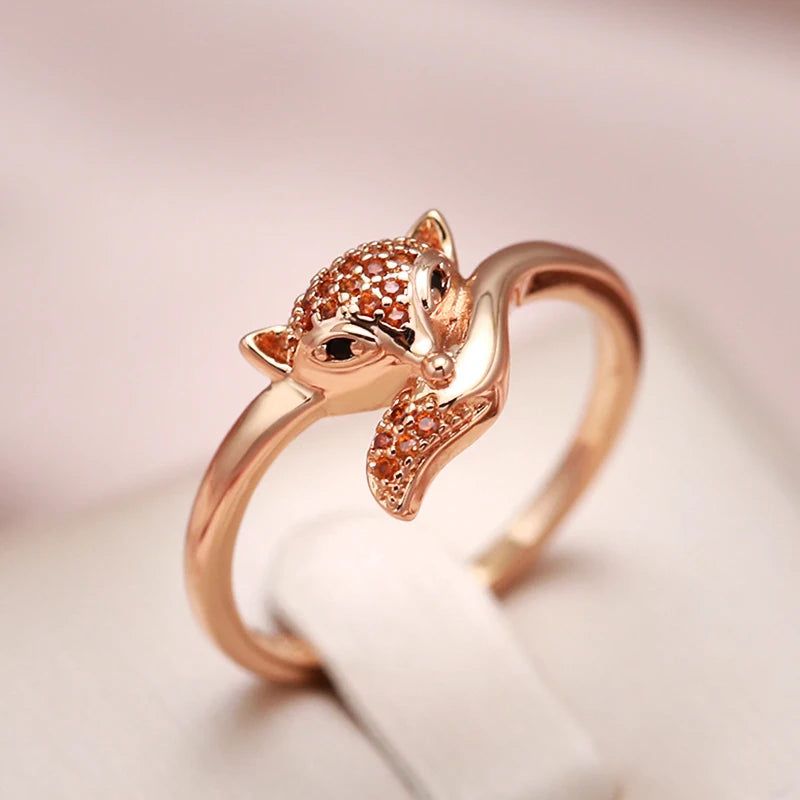 Vintage-Inspired 585 Rose Gold Fox Ring with Red Natural Zircon - High-Quality Animal Jewelry