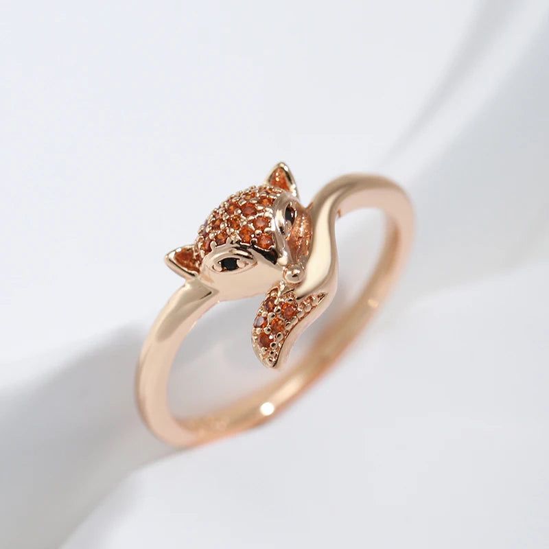 Vintage-Inspired 585 Rose Gold Fox Ring with Red Natural Zircon - High-Quality Animal Jewelry