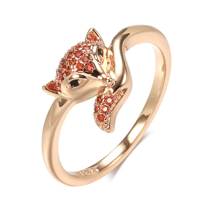 Vintage-Inspired 585 Rose Gold Fox Ring with Red Natural Zircon - High-Quality Animal Jewelry