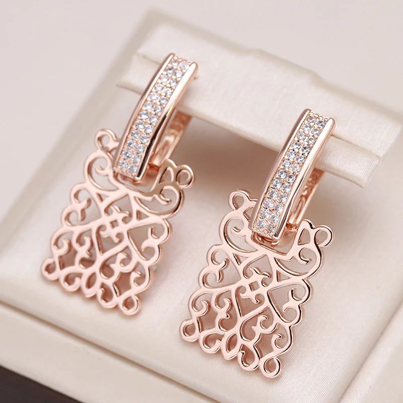 Vintage-Inspired 585 Rose Gold Geometric Long Drop Earrings with Natural Zircon