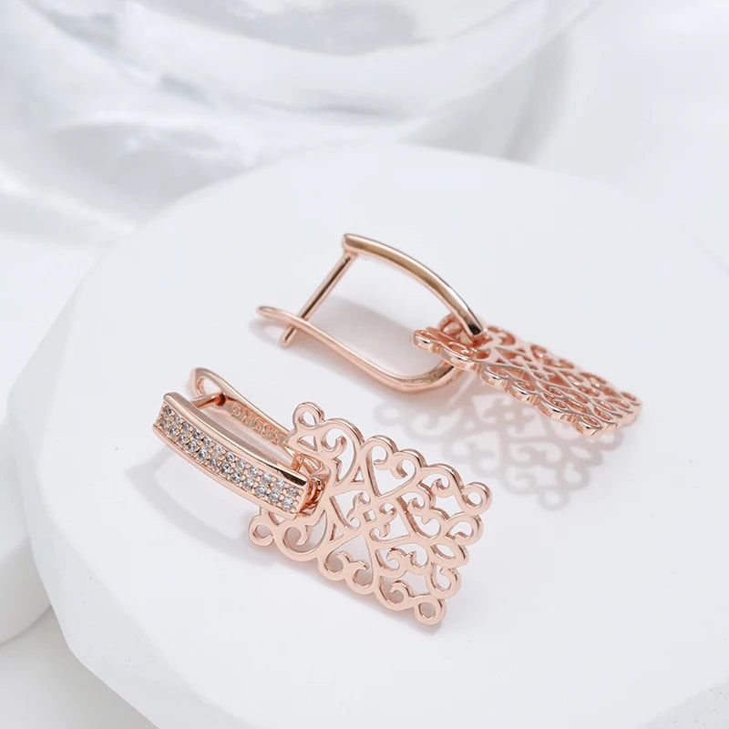 Vintage-Inspired 585 Rose Gold Geometric Long Drop Earrings with Natural Zircon