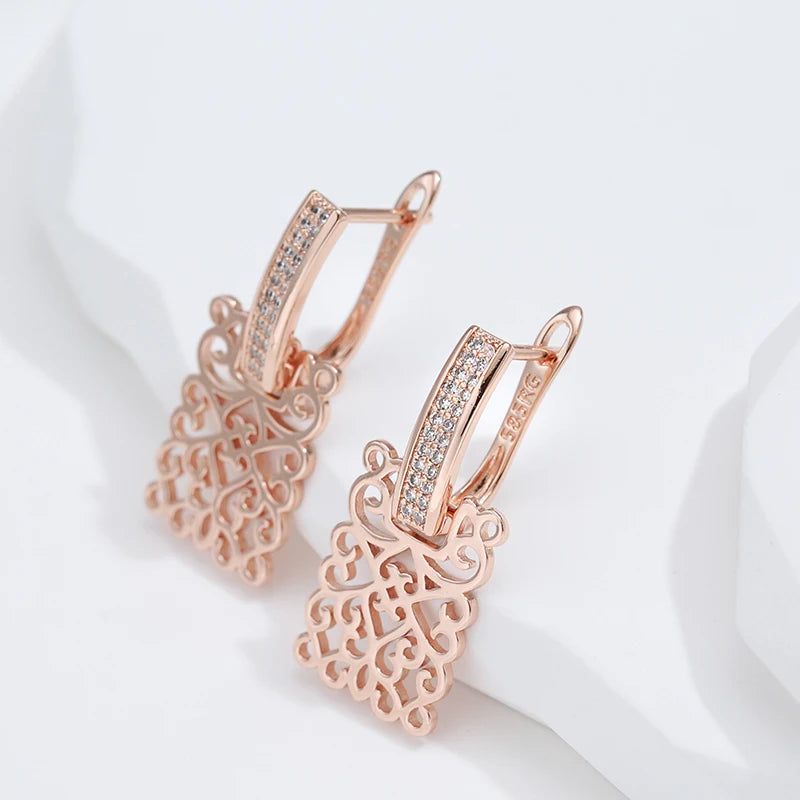 Vintage-Inspired 585 Rose Gold Geometric Long Drop Earrings with Natural Zircon