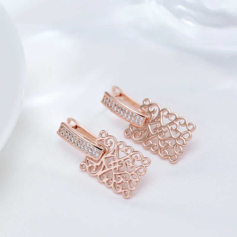 Vintage-Inspired 585 Rose Gold Geometric Long Drop Earrings with Natural Zircon